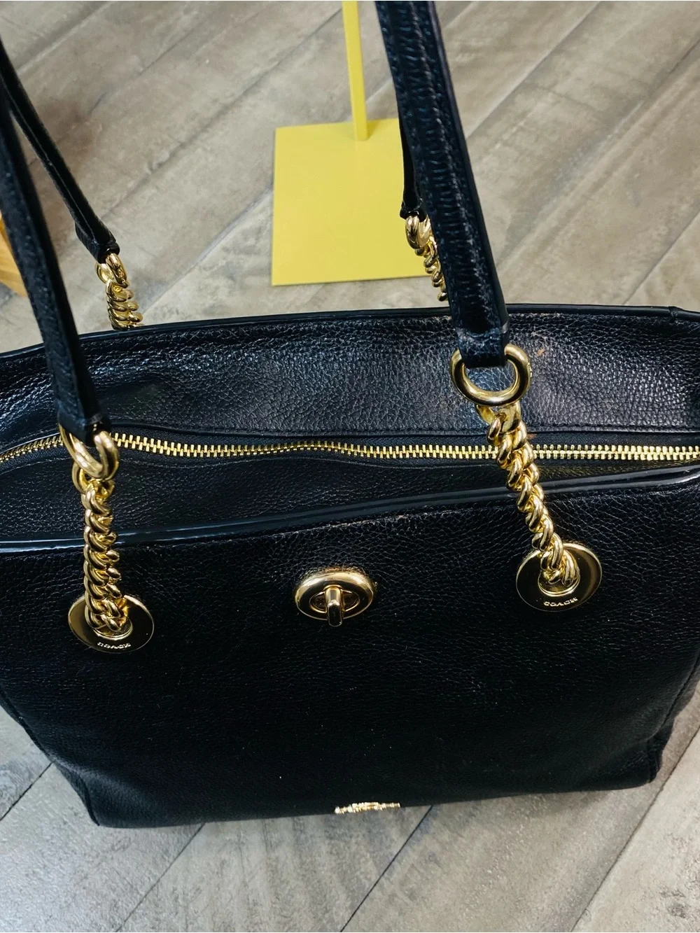 Coach Turnlock Chain Tote Black Polished Pebble Leather Shoulder Bag Purse Gold
